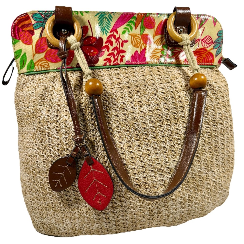 Merona Tropical Floral Straw Shoulder Bag Brown Handles‎ Leaf Charms 13x16 EUC